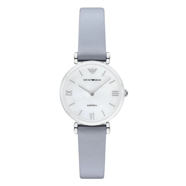 Emporio Armani Retro Grey Leather Strap Mother Of Pearl Dial Quartz Watch for Ladies - AR11039
