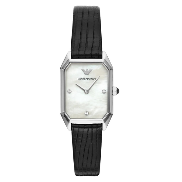 Emporio Armani Gioia Black Leather Strap Mother Of Pearl Dial Quartz Watch for Ladies - AR11148