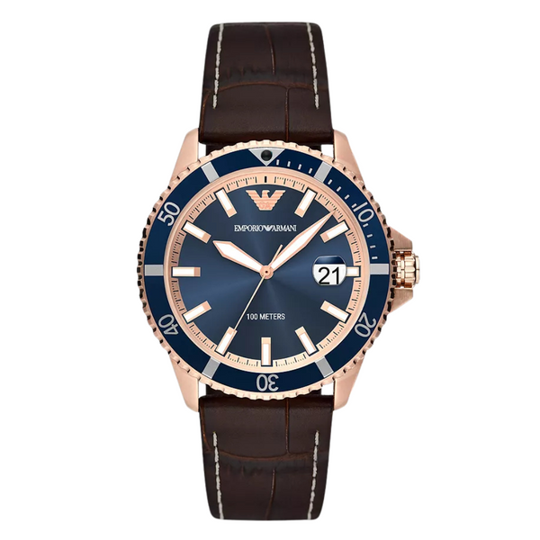 Emporio Armani Diver Brown Leather Strap Blue Dial Quartz Watch for Gents - AR11556