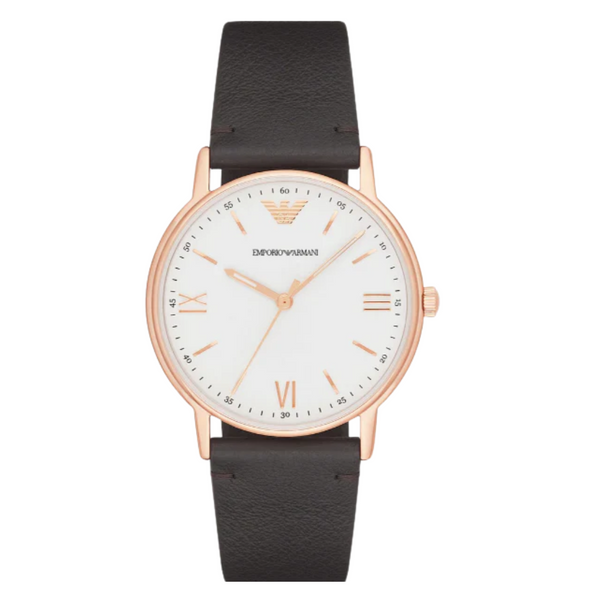 EMPORIO ARMANI Dress Brown Leather Strap White Dial Quartz Watch for Gents - AR11011