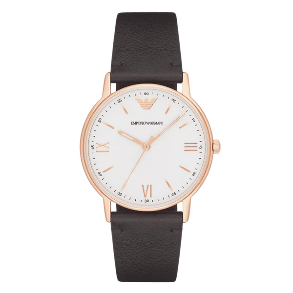 EMPORIO ARMANI Dress Brown Leather Strap White Dial Quartz Watch for Gents - AR11011