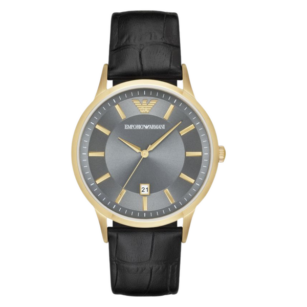 EMPORIO ARMANI Classic Black Leather Strap Grey Dial Quartz Watch for Gents - AR11049