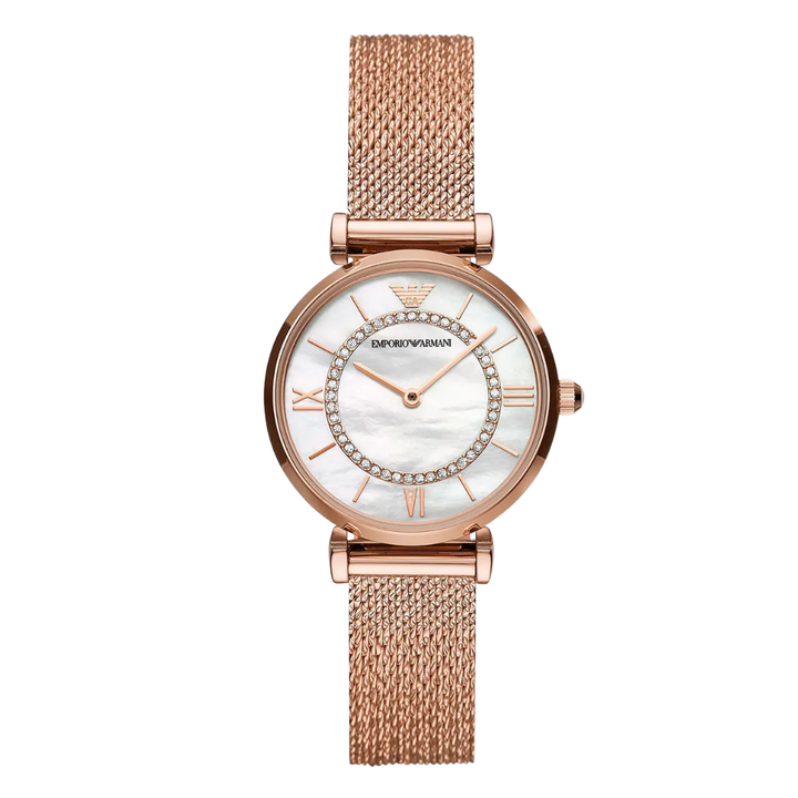 Buy Emporio Armani Gianni T-Bar Rose Gold Mesh Bracelet Mother Of Pearl ...