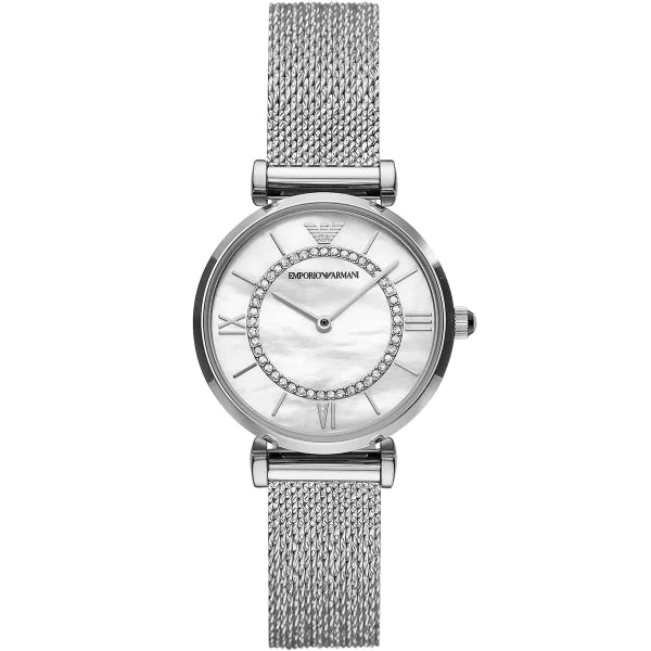 Emporio Armani Gianni T-Bar Silver Mesh Bracelet Mother Of Pearl Dial Quartz Watch for Ladies - AR11319