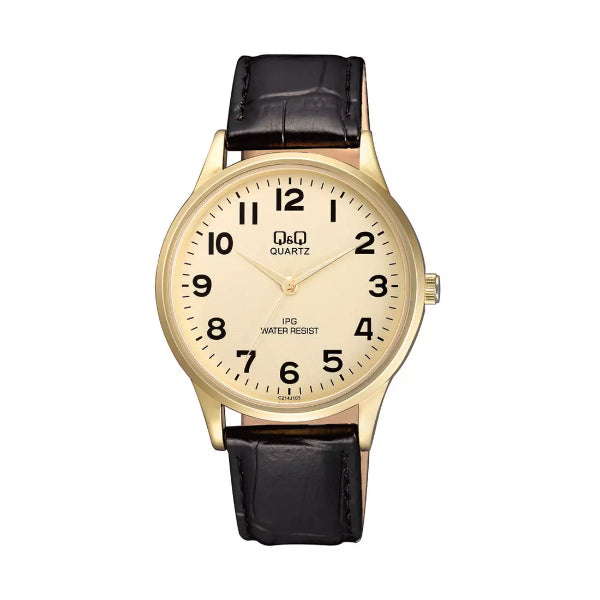 Q&Q Black Leather Strap Gold Dial Quartz Watch for Gents - C214J103Y