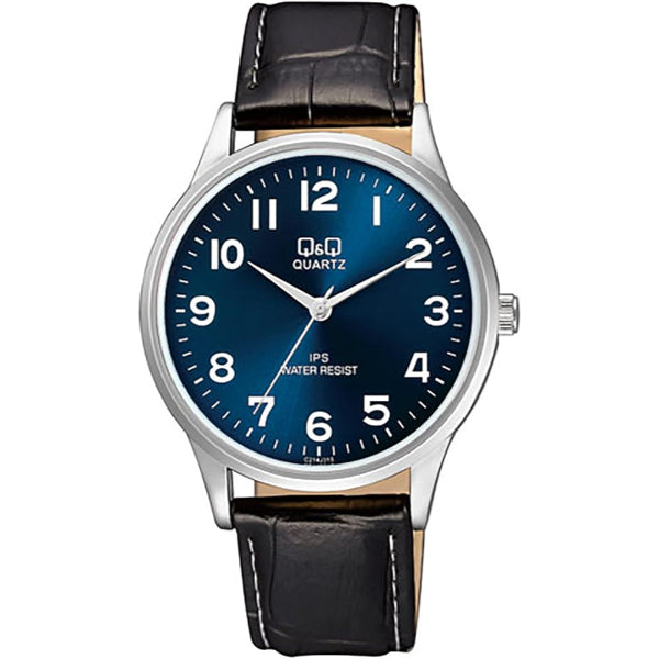 Q&Q Black Leather Strap Blue Dial Quartz Watch for Gents - C214J315Y