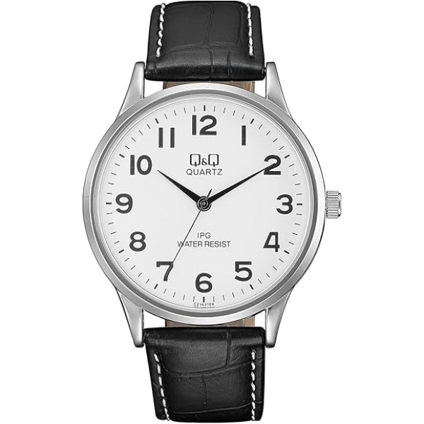 Q&Q Black Leather Strap White Dial Quartz Watch for Gents - C214J304Y