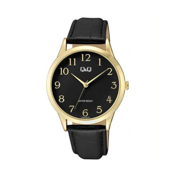 Q&Q Black Leather Strap Black Dial Quartz Watch for Gents - C214J102Y