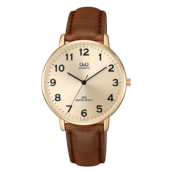 Q&Q Brown Leather Strap Gold Dial Quartz Watch for Gents - QZ00J103Y