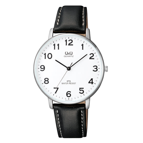 Q&Q Black Leather Strap White Dial Quartz Watch for Gents - QZ00J304Y