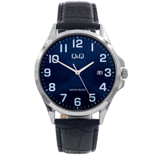 Q&Q Black Leather Strap Blue Dial Quartz Watch for Gents - A480J305Y