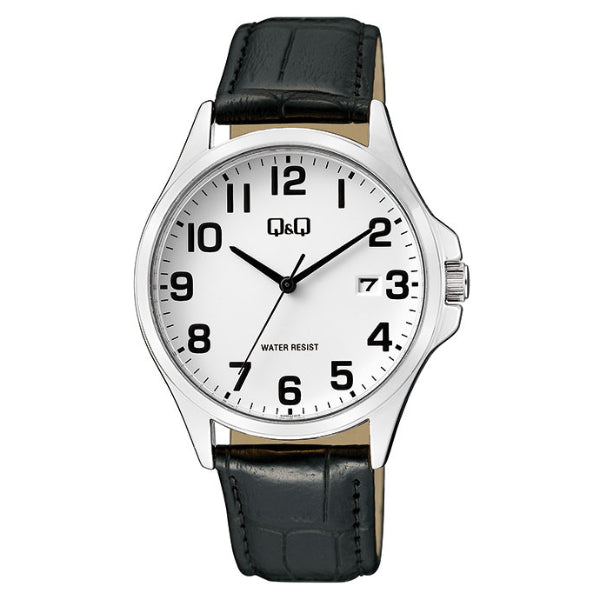 Q&Q Black Leather Strap White Dial Quartz Watch for Gents - A480J304Y