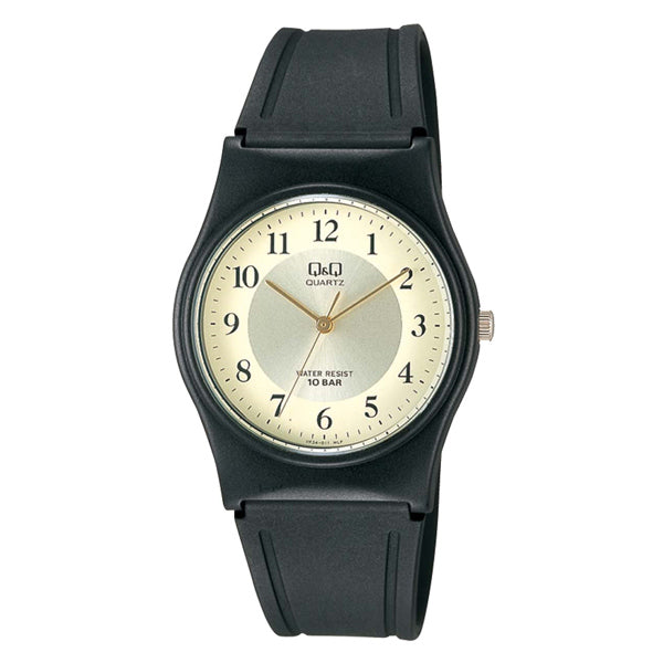 Q&Q Black Resin Strap Gold Dial Quartz Watch for Unisex - VP34J011Y