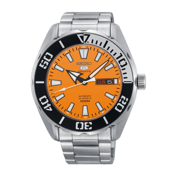 Seiko 5 Silver Stainless Steel Orange Dial Automatic Watch for Gents - SRPC55J1