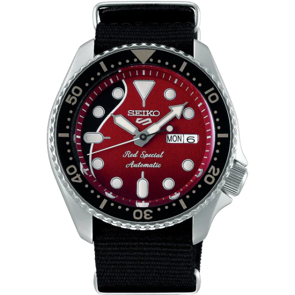 Seiko 5 Sports Black Nylon Strap Red Dial Automatic Watch for Gents - SRPE83K1
