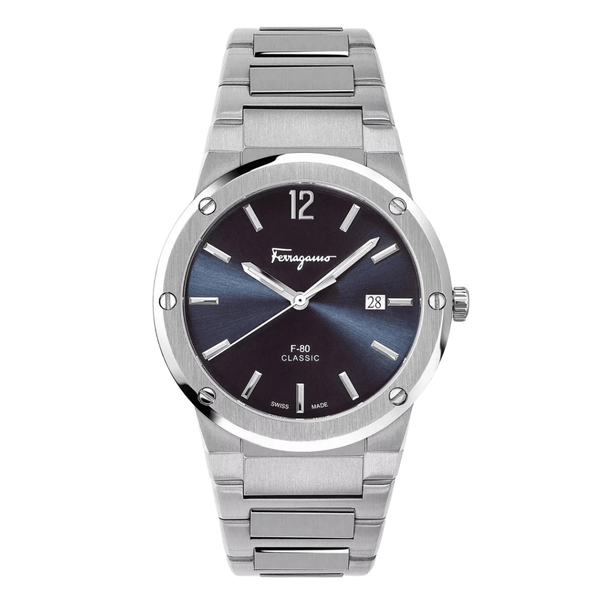 Ferragamo F-80 Silver Stainless Steel Black Dial Quartz Watch for Gents - SFDT00239