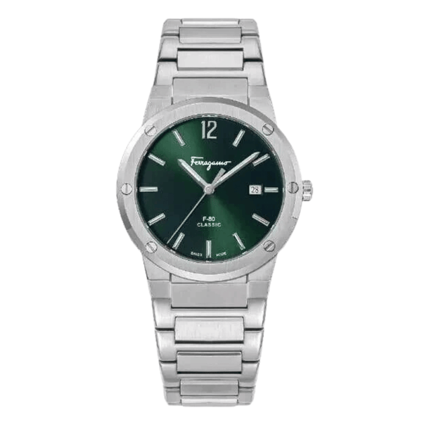 Ferragamo F-80 Silver Stainless Steel Green Dial Quartz Watch for Gents - SFDT00249