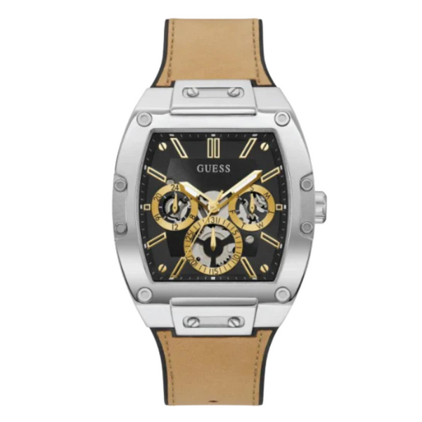 Guess Phoenix Beige Leather Strap Black Dial Quartz Watch for Gents - GW0202G3