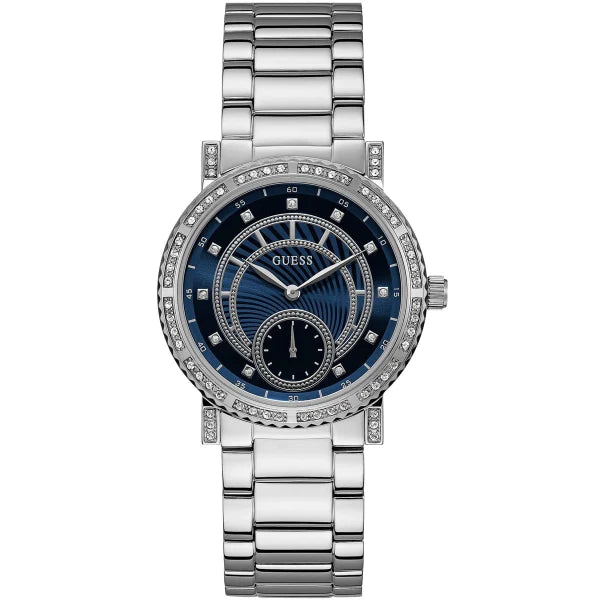 Guess Silver Stainless Steel Blue Dial Quartz Watch for Ladies - W1006L1