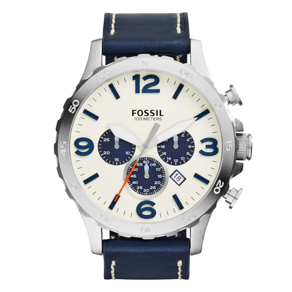 Fossil Nate Blue Leather Strap Cream Dial Quartz Watch for Gents - JR1480