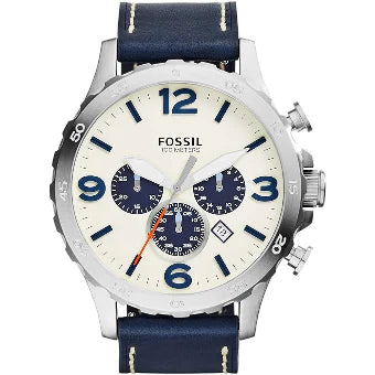 Fossil Nate Blue Leather Strap Cream Dial Quartz Watch for Gents - JR1480