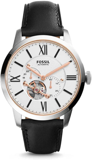 Fossil Townsman Black Leather Strap White Dial Automatic Watch for Gents - ME3104