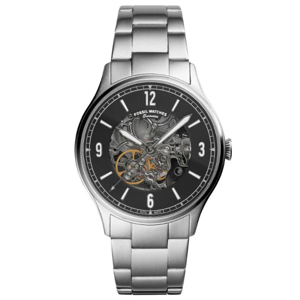 Fossil Forrester Silver Stainless Steel Black Dial Automatic Watch for Gents - ME3180