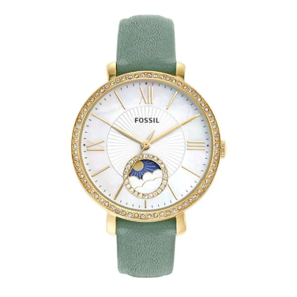 Fossil Jacqueline Sun Moon Green Leather Strap Mother Of Pearl Dial Quartz Watch for Ladies - ES5168