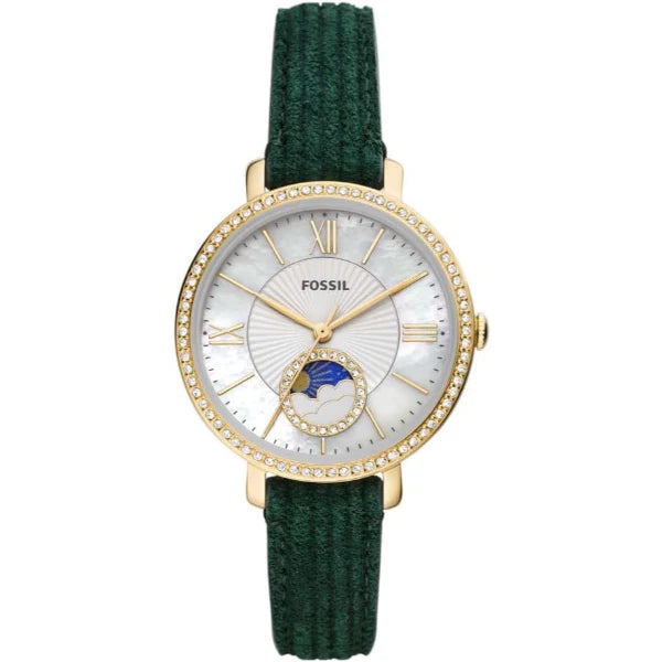Fossil Jacqueline Sun Moon Green Leather Strap Mother Of Pearl Dial Quartz Watch for Ladies - ES5244