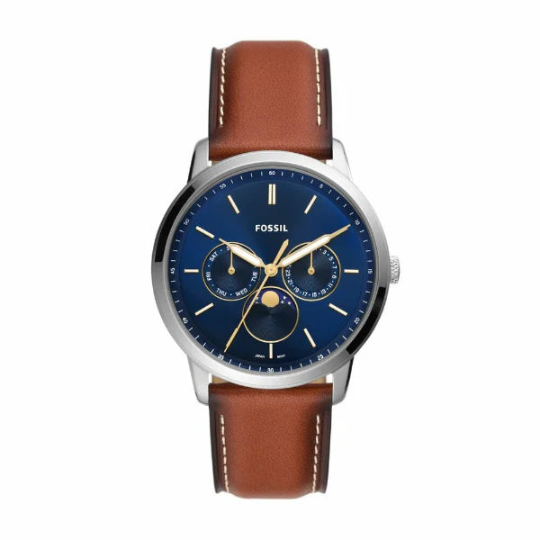 Fossil Moonphase Brown Leather Strap Blue Dial Quartz Watch for Gents - FS5903