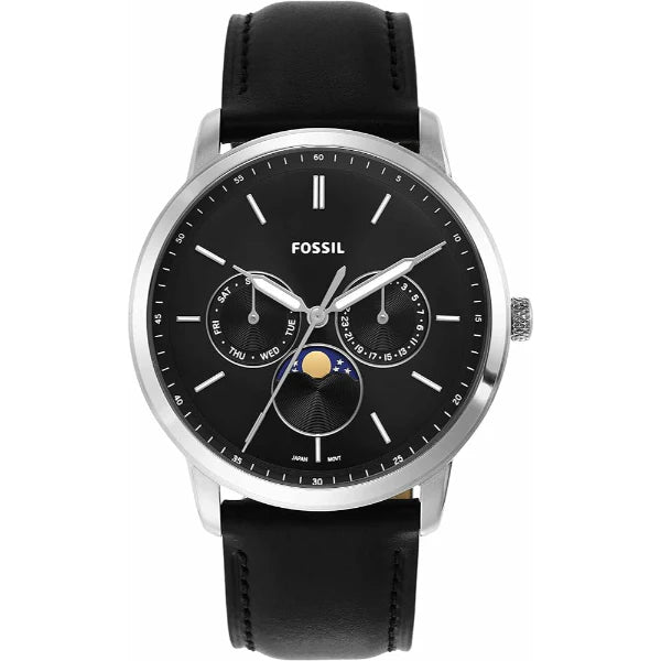 Fossil Moonphase Black Leather Strap Black Dial Quartz Watch for Gents - FS5904