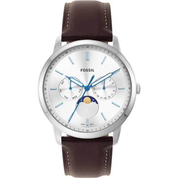 Fossil Moonphase Brown Leather Strap Silver Dial Quartz Watch for Gents - FS5905