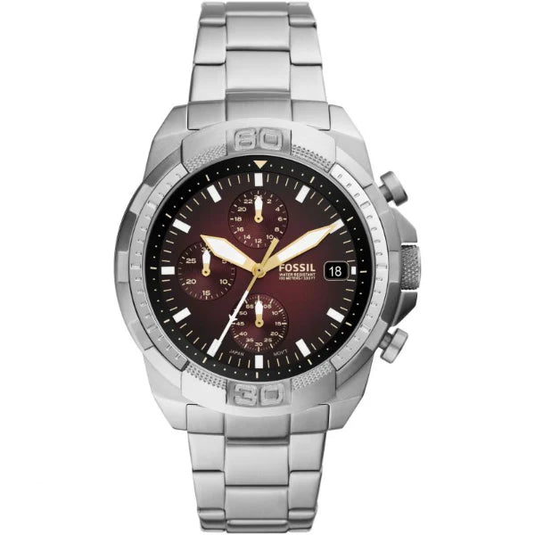 Fossil Bronson Silver Stainless Steel Red Dial Chronograph Quartz Watch for Gents - FS5878