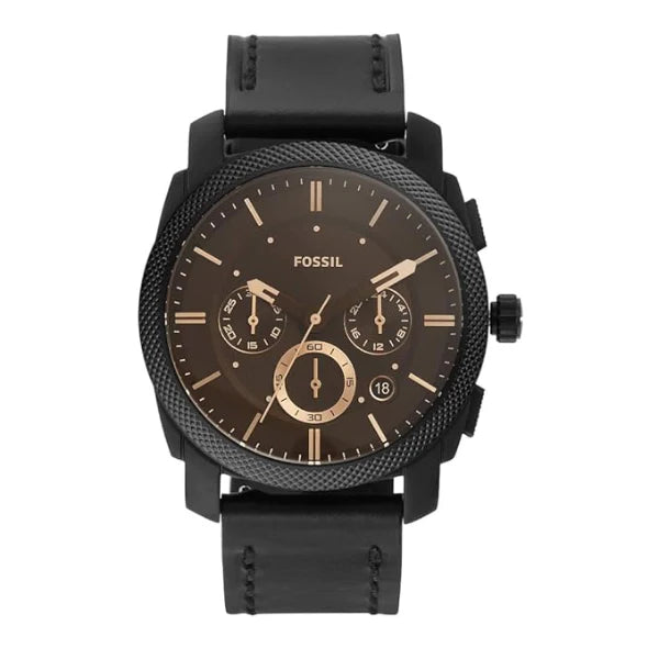 Fossil Machine Black Leather Strap Brown Dial Chronograph Quartz Watch for Gents - FS5586