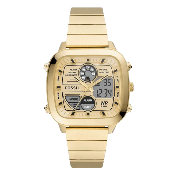 Fossil Retro Anadigital Gold Stainless Steel Positive Display Dial Analog & Digital Watch for Gents - FS5889