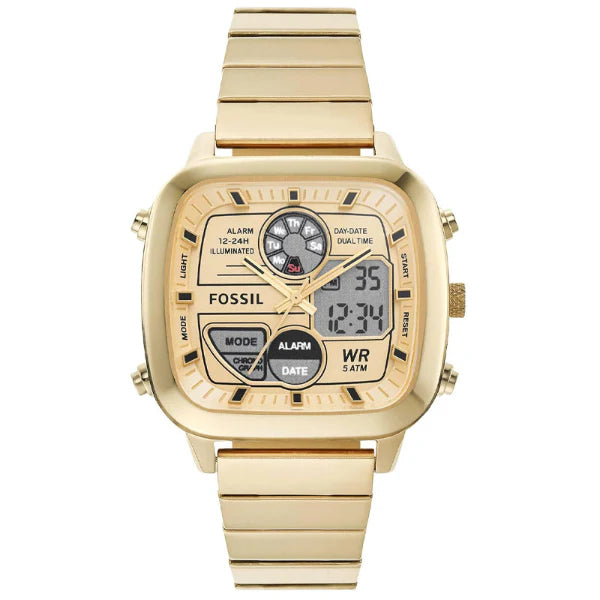 Fossil Retro Anadigital Gold Stainless Steel Positive Display Dial Analog & Digital Watch for Gents - FS5889