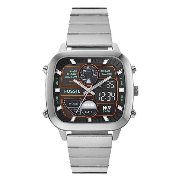 Fossil Retro Anadigital Silver Stainless Steel Positive Display Dial Analog & Digital Watch for Gents - FS5890