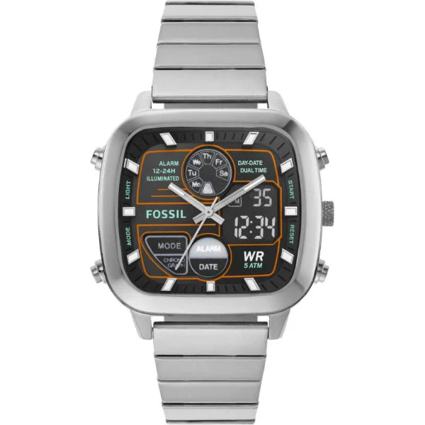 Fossil Retro Anadigital Silver Stainless Steel Positive Display Dial Analog & Digital Watch for Gents - FS5890