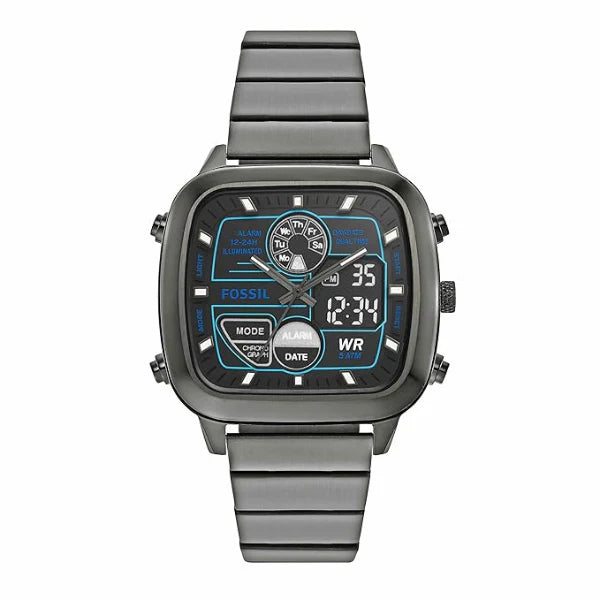 Fossil Retro Anadigital Grey Stainless Steel Positive Display Dial Analog And Digital Watch for Gents - FS5892