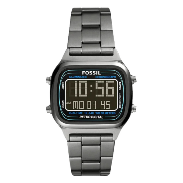 Fossil Retro Digital Grey Stainless Steel Positive Display Dial Digital Watch for Gents - FS5846