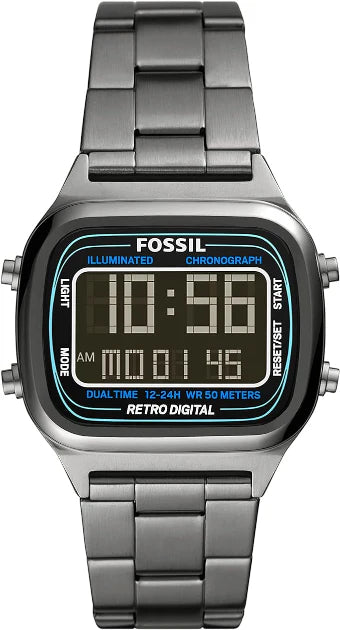 Fossil Retro Digital Grey Stainless Steel Positive Display Dial Digital Watch for Gents - FS5846