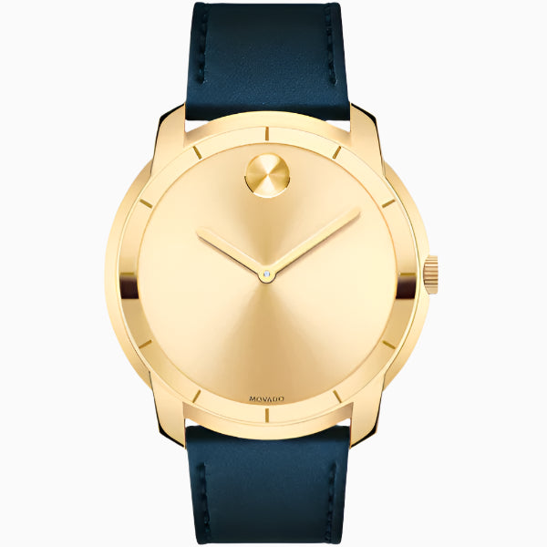 Movado Bold 3600469 – Gold-Tone Sunray Dial with Navy Leather Strap Men's Watch
