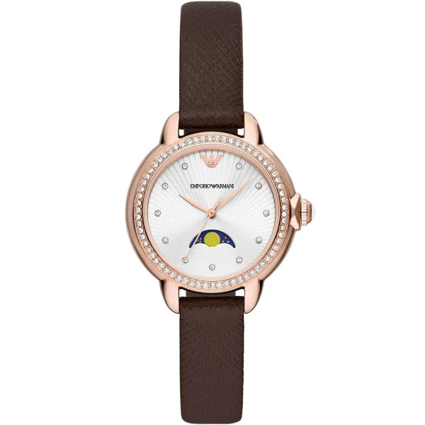 Emporio Armani Moonphase Brown Leather Strap Silver Dial Quartz Watch for Ladies - AR11568