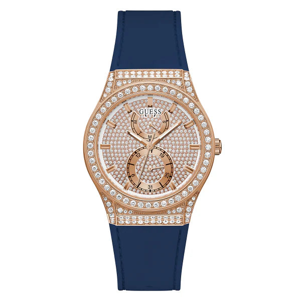 Guess Blue Silicone Strap Rose Gold Dial Quartz Watch for Ladies - GW0439L4