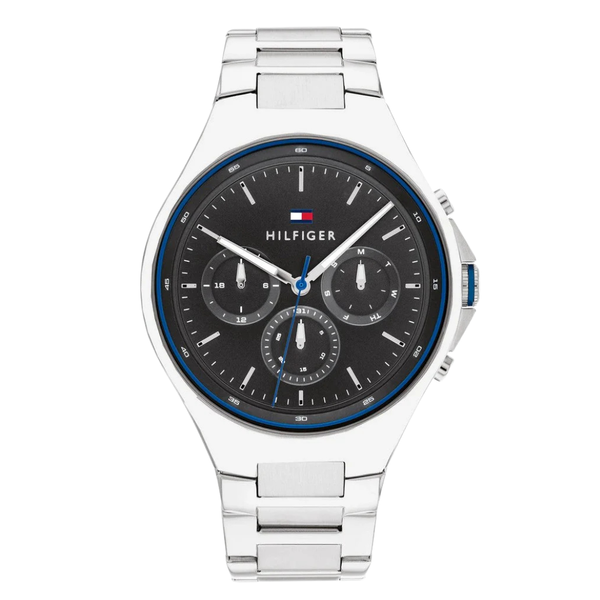 Tommy Hilfiger Justin Silver Stainless Steel Black Dial Chronograph Quartz Watch for Gents - 1792054