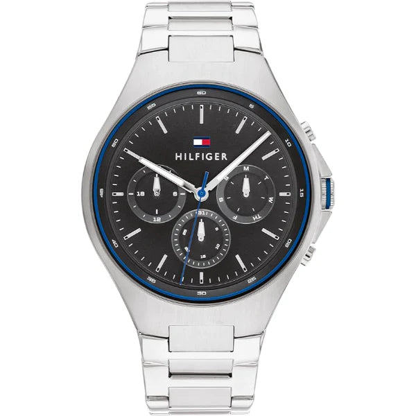 Tommy Hilfiger Justin Silver Stainless Steel Black Dial Chronograph Quartz Watch for Gents - 1792054