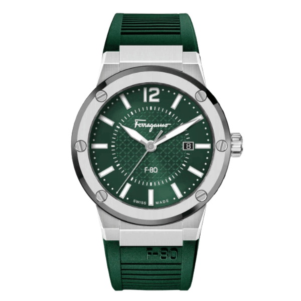 Ferragamo F-80 Green Silicone Strap Green Dial Quartz Watch for Gents - SFHY02722