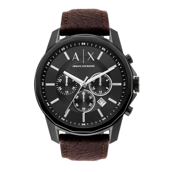 Armani Exchange Brown Leather Strap Black Dial Chronograph Quartz Watch for Gents - AX1732