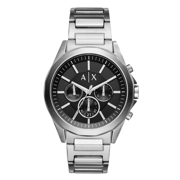 Armani Exchange Silver Stainless Steel Black Dial Chronograph Quartz Watch for Gents - AX2600
