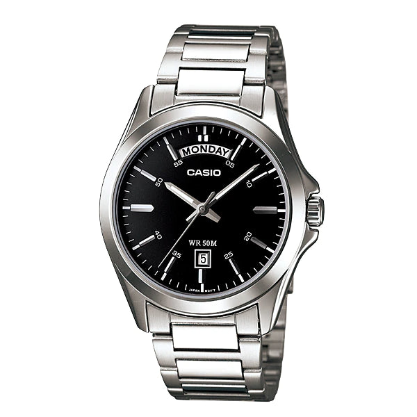 Casio Silver Stainless Steel Black Dial Quartz Watch for Gents - MTP-1370D-1A1VDF